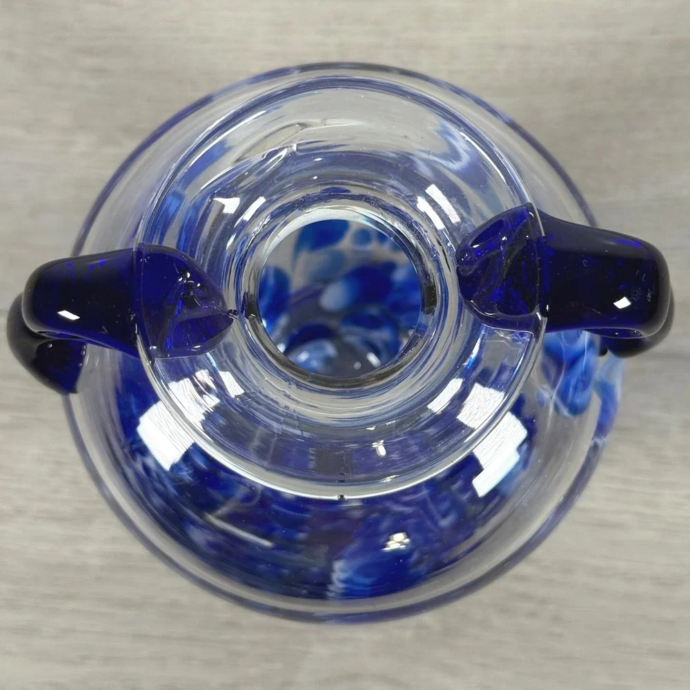 Vintage Italian Art Glass Vase Blue White Pulled Decoration Cobalt Handles 7.5